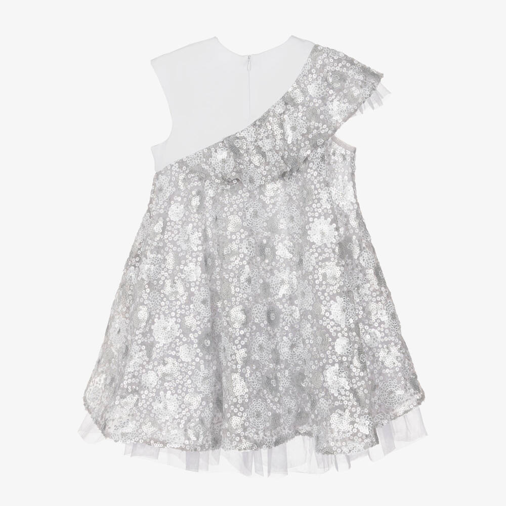 KARL LAGERFELD KIDS-Silver Sequins Bi-material Dress | Childrensalon Outlet