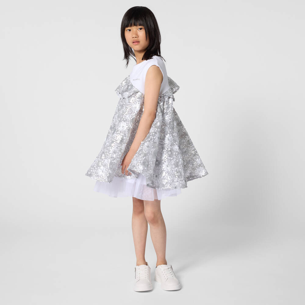KARL LAGERFELD KIDS-Silver Sequins Bi-material Dress | Childrensalon Outlet