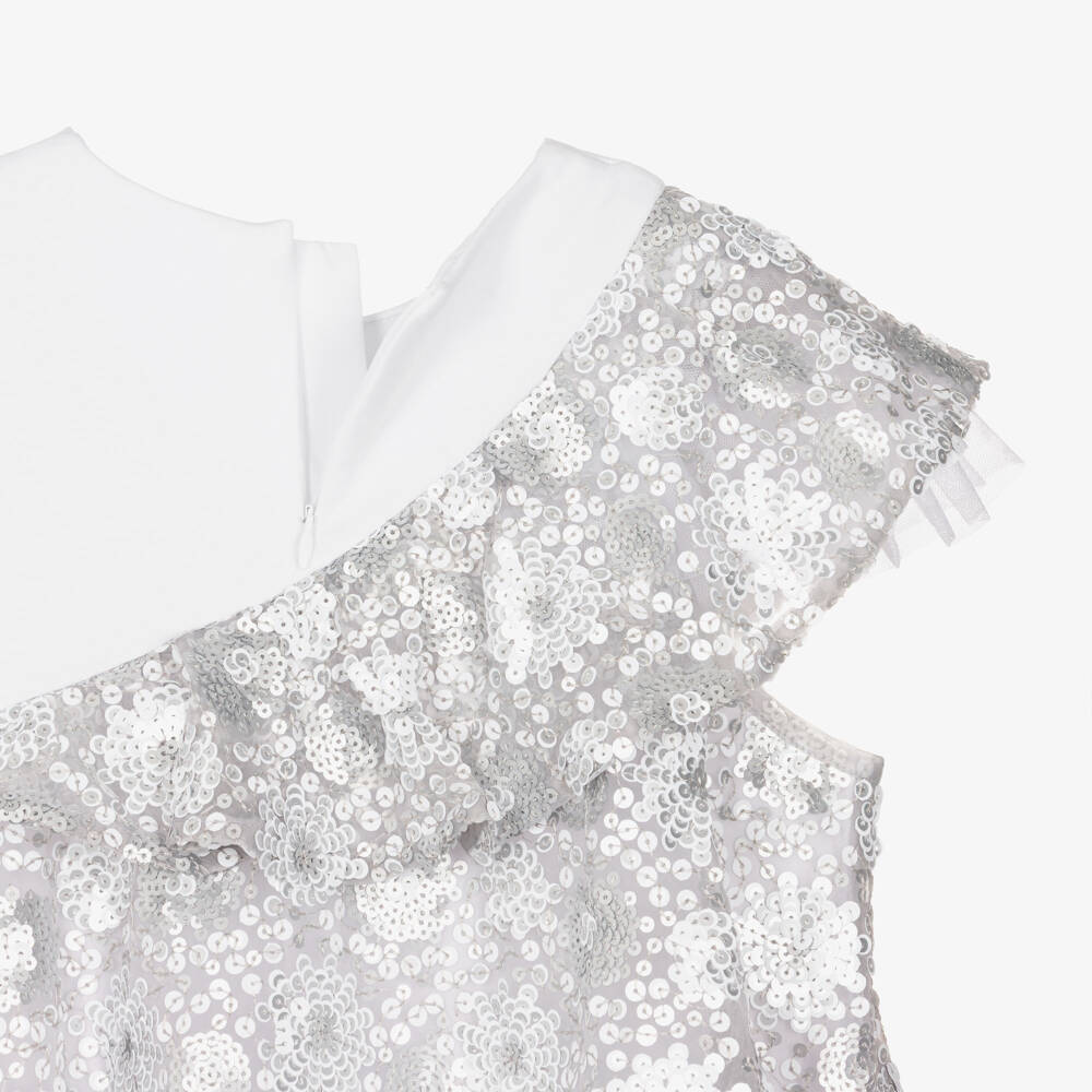KARL LAGERFELD KIDS-Silver Sequins Bi-material Dress | Childrensalon Outlet