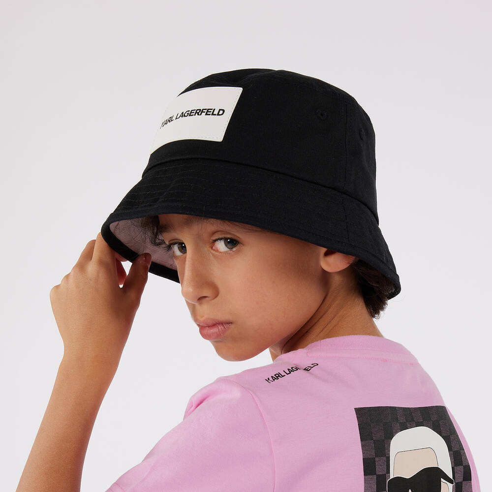 KARL LAGERFELD KIDS Teen Black Cotton Patch Bucket Hat Childrensalon Outlet