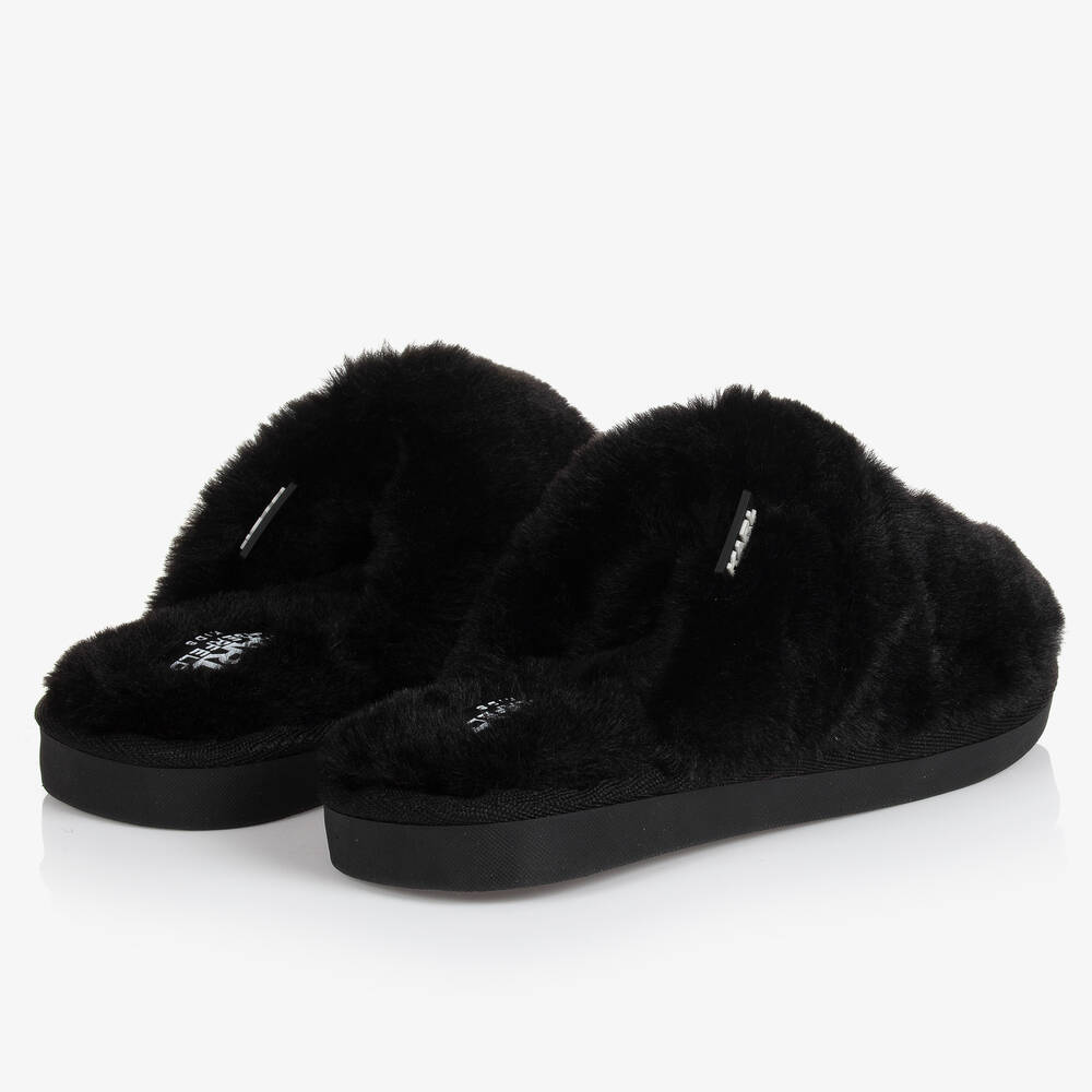 KARL LAGERFELD KIDS-Teen Black Faux Fur Slippers | Childrensalon Outlet