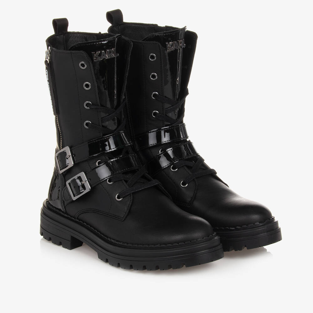 KARL LAGERFELD KIDS - Bottines noires en cuir à lacets | Childrensalon