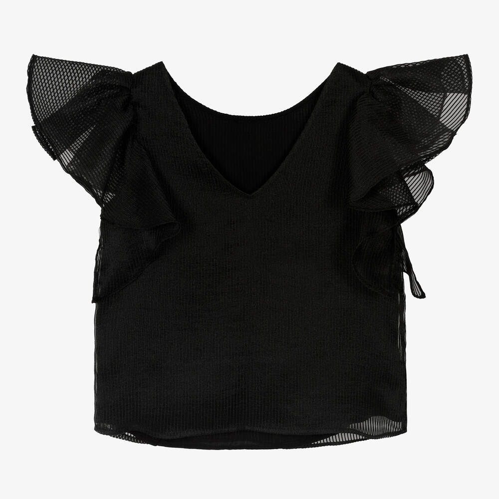 KARL LAGERFELD KIDS-Teen Girls Black Organza Ruffle Blouse | Childrensalon Outlet