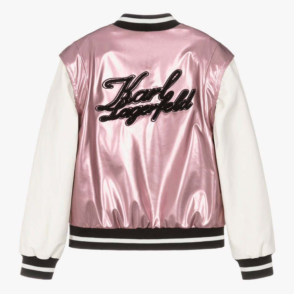 KARL LAGERFELD KIDS-Teen Girls Metallic Pink Varsity Jacket | Childrensalon Outlet