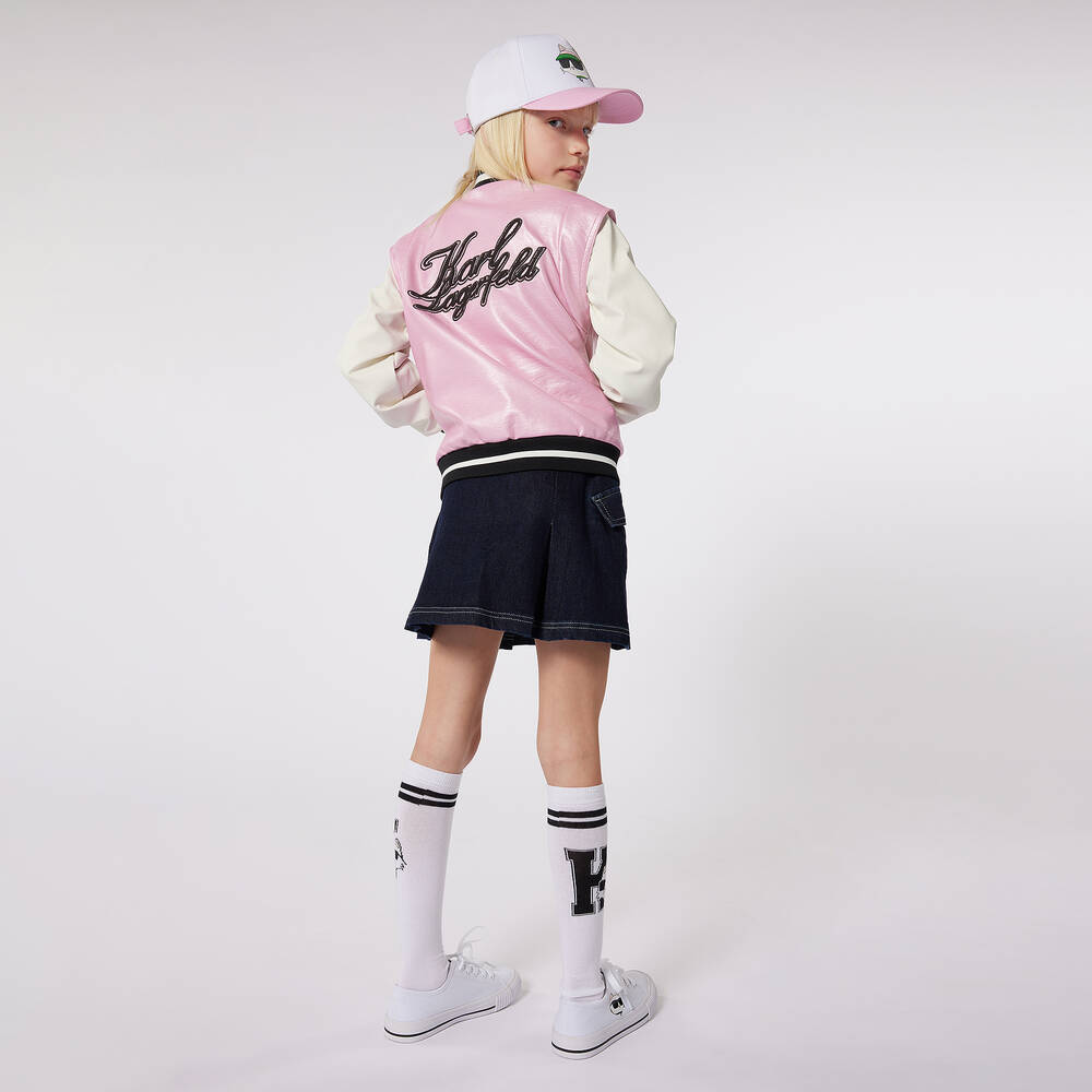 KARL LAGERFELD KIDS-Teen Girls Metallic Pink Varsity Jacket | Childrensalon Outlet