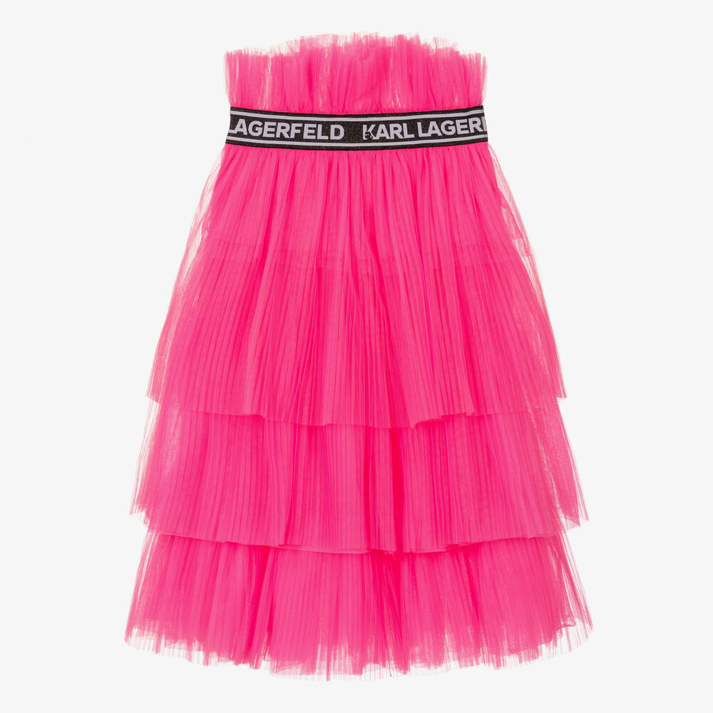 KARL LAGERFELD KIDS-تنورة ميدي بكسرات لون زهري نيون للمراهقات | Childrensalon Outlet