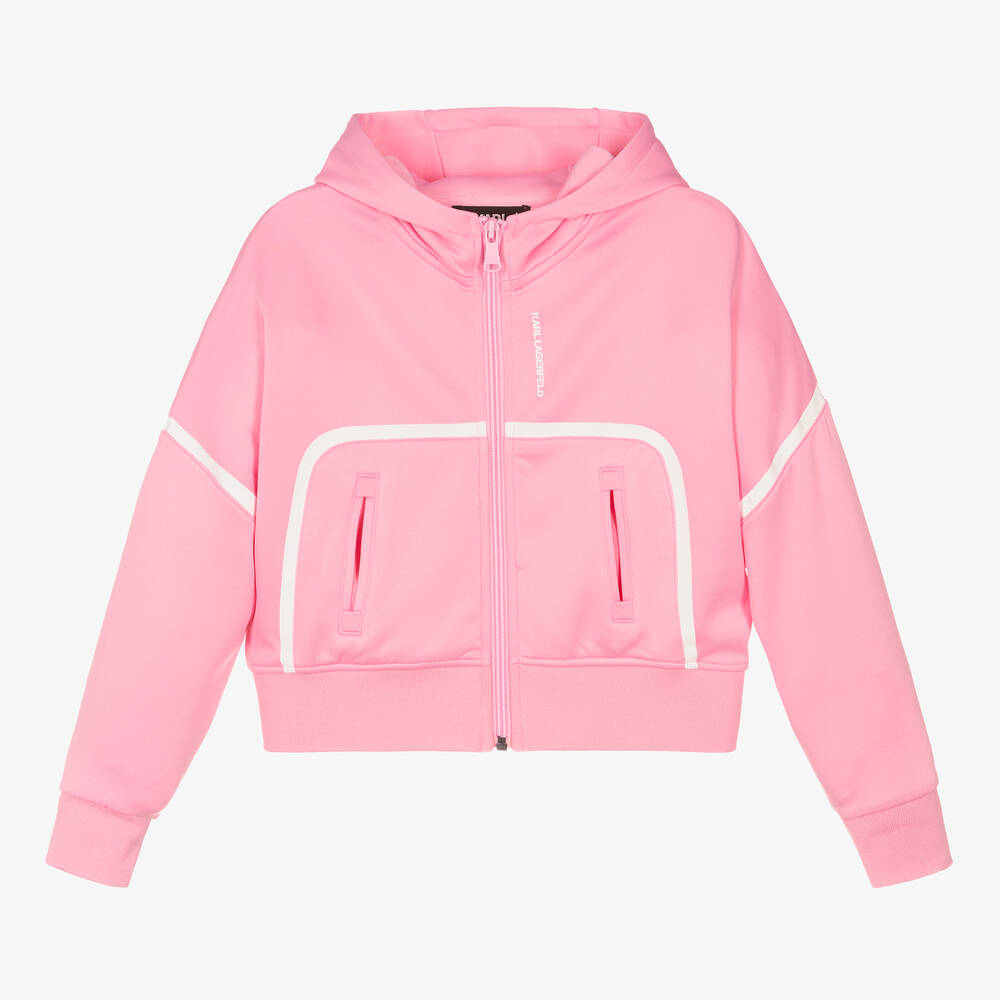 KARL LAGERFELD KIDS-توب هودي بسحّاب تينز بناتي فيسكوز جيرسي لون زهري | Childrensalon Outlet