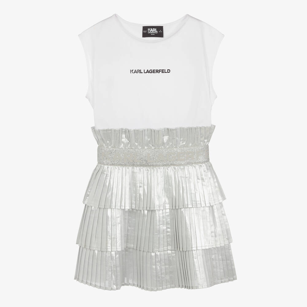 KARL LAGERFELD KIDS - فستان تينز بناتي قطن جيرسي لون أبيض وفضّي  | Childrensalon