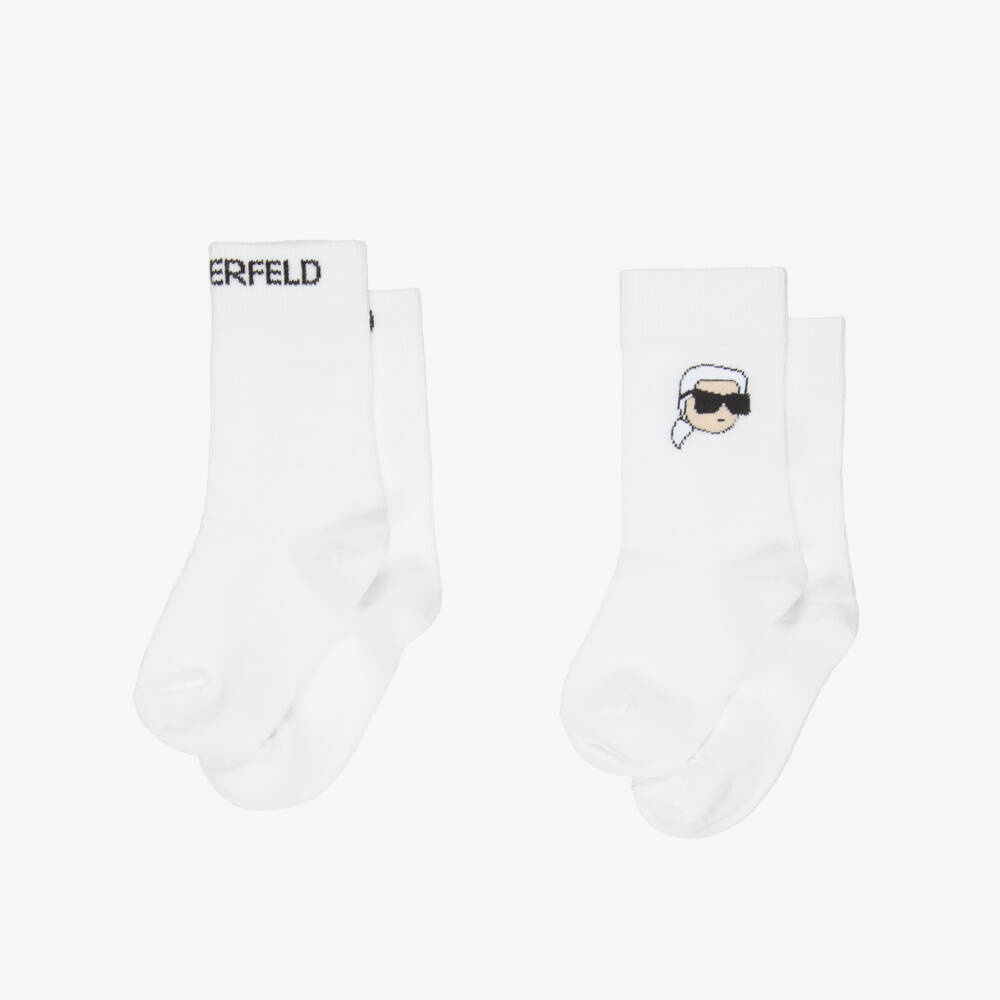 KARL LAGERFELD KIDS-White Cotton Karl Ikonik Logo Socks (2 Pack) | Childrensalon Outlet