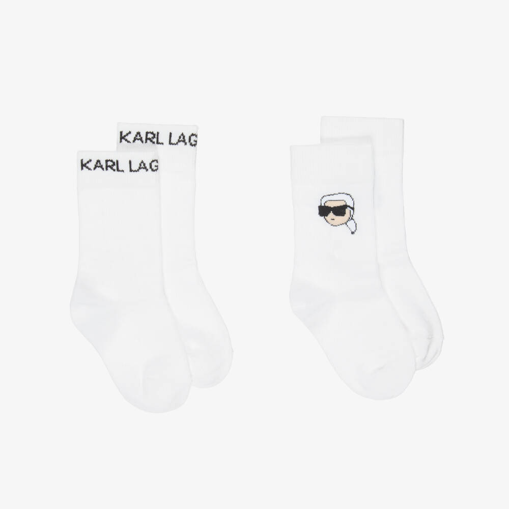 KARL LAGERFELD KIDS-White Cotton Karl Ikonik Logo Socks (2 Pack) | Childrensalon Outlet