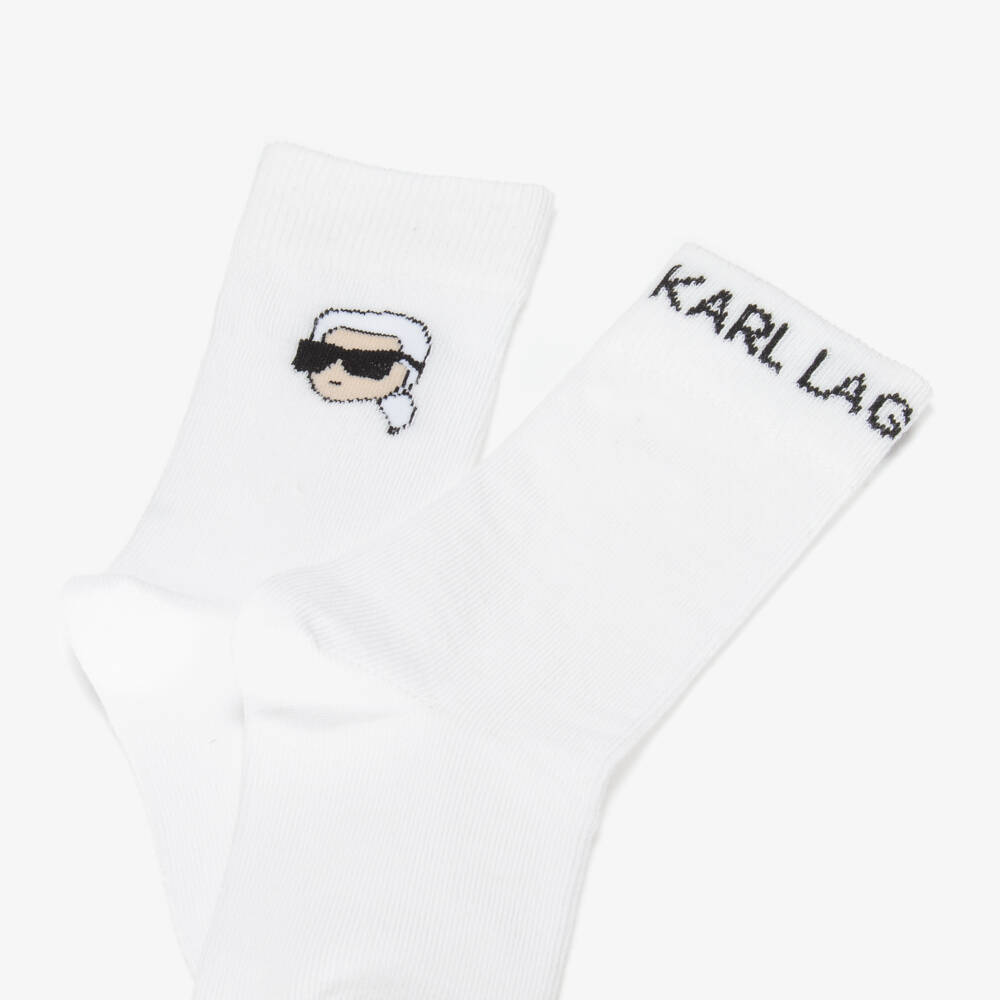 KARL LAGERFELD KIDS-White Cotton Karl Ikonik Logo Socks (2 Pack) | Childrensalon Outlet