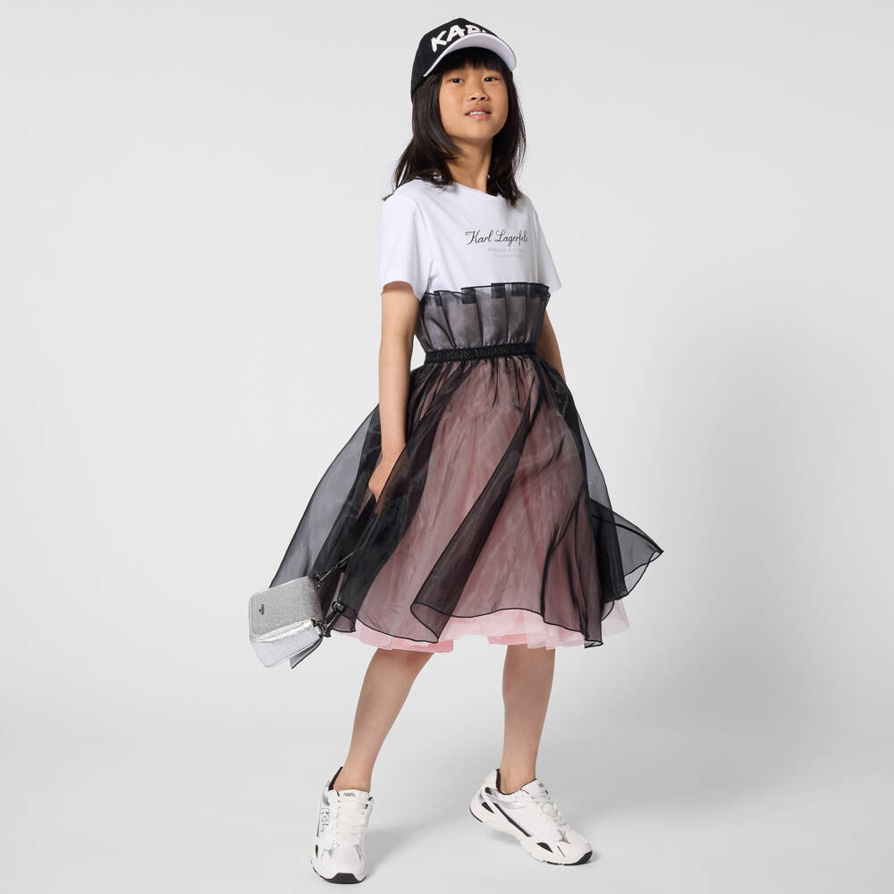 KARL LAGERFELD KIDS-White & Pink Bi-material Organza Ss Dress | Childrensalon Outlet
