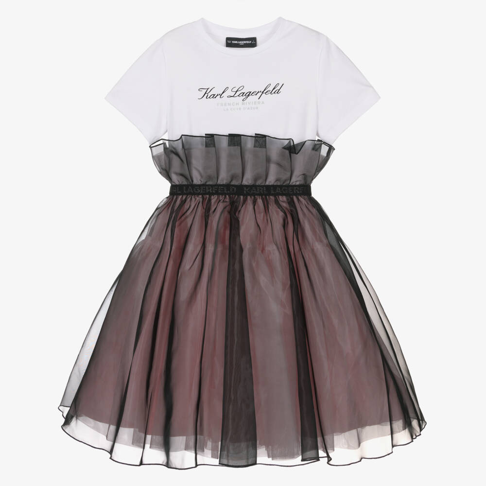 KARL LAGERFELD KIDS-White & Pink Bi-material Organza Ss Dress | Childrensalon Outlet