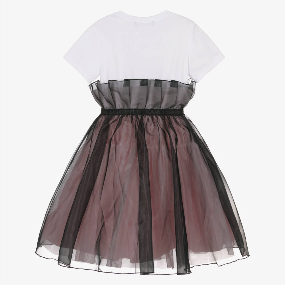 KARL LAGERFELD KIDS-White & Pink Bi-material Organza Ss Dress | Childrensalon Outlet