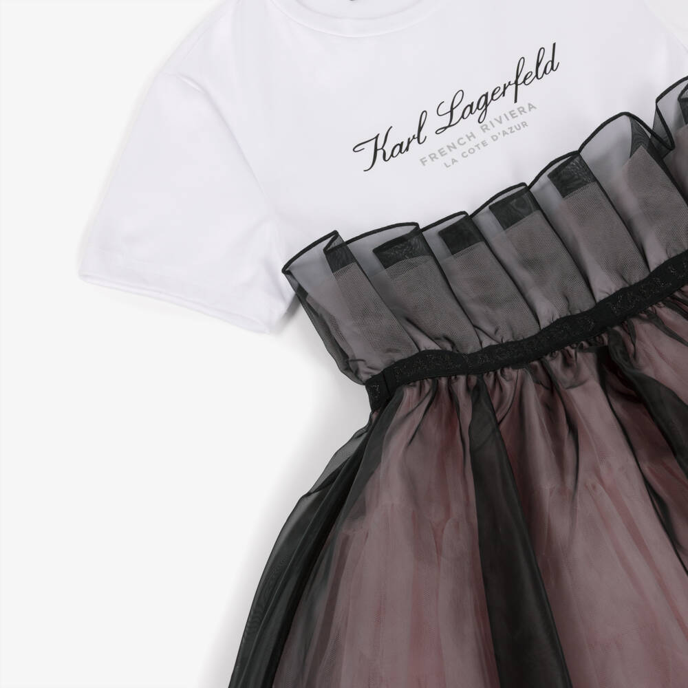 KARL LAGERFELD KIDS-White & Pink Bi-material Organza Ss Dress | Childrensalon Outlet