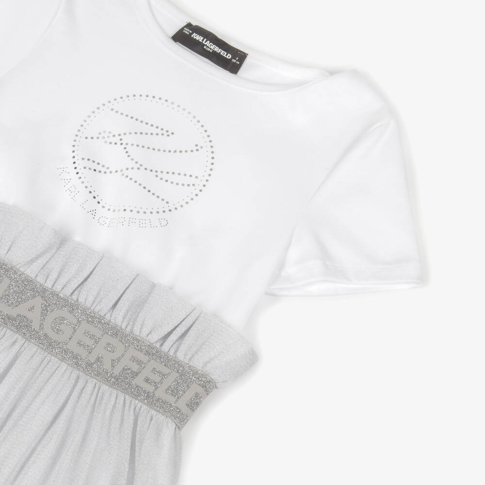 KARL LAGERFELD KIDS-White & Silver Logo Bi-material Ss Dress | Childrensalon Outlet