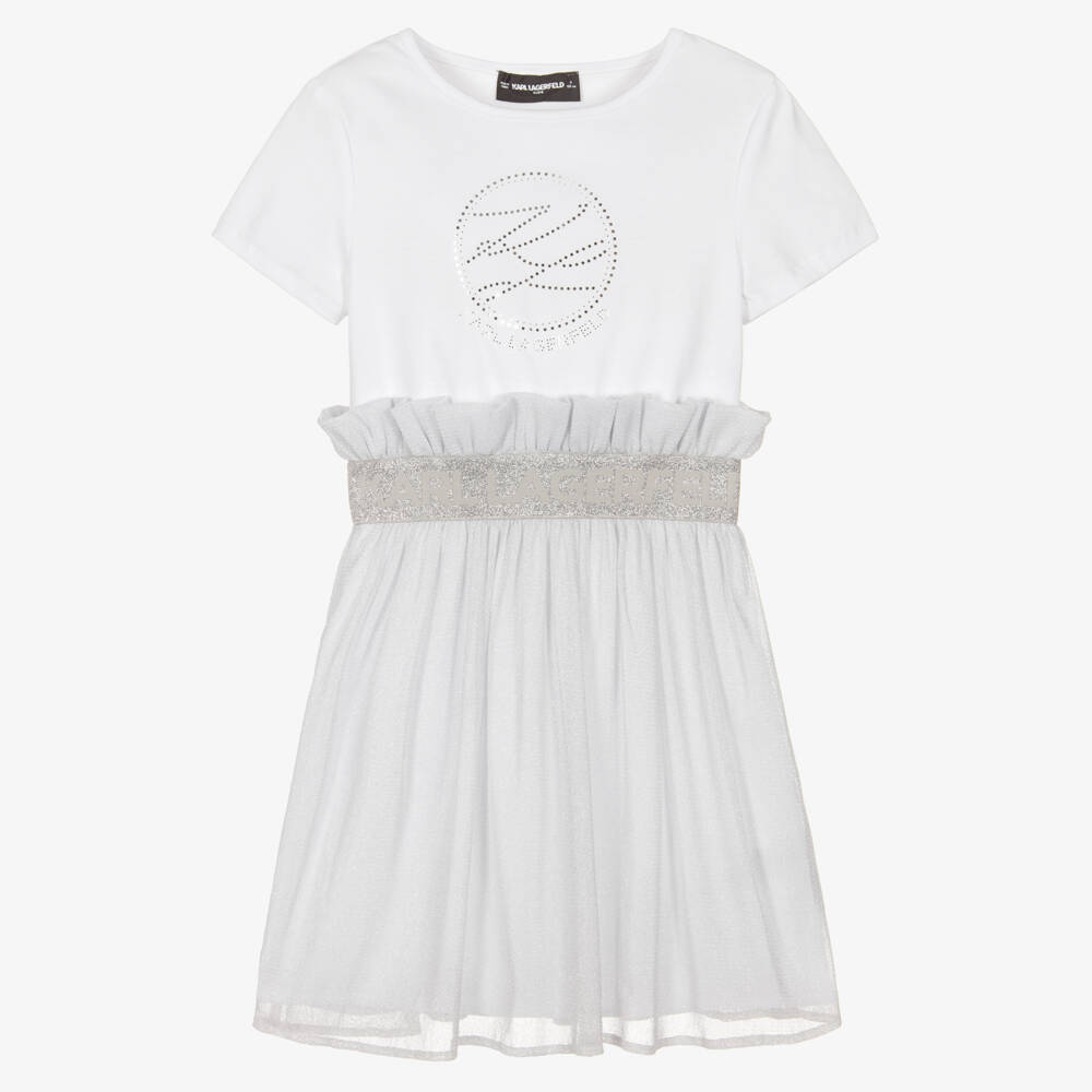 KARL LAGERFELD KIDS-White & Silver Logo Bi-material Ss Dress | Childrensalon Outlet