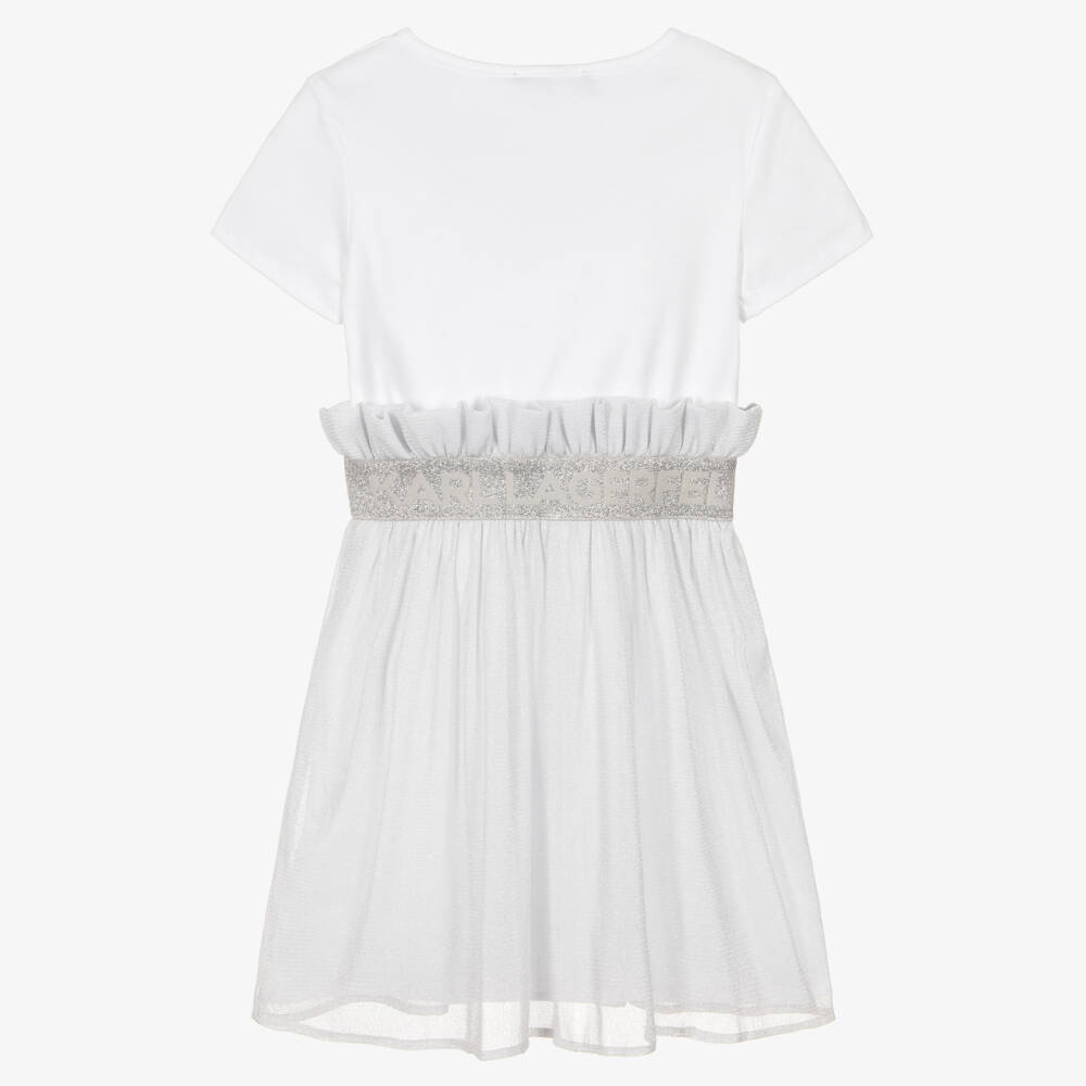 KARL LAGERFELD KIDS-White & Silver Logo Bi-material Ss Dress | Childrensalon Outlet