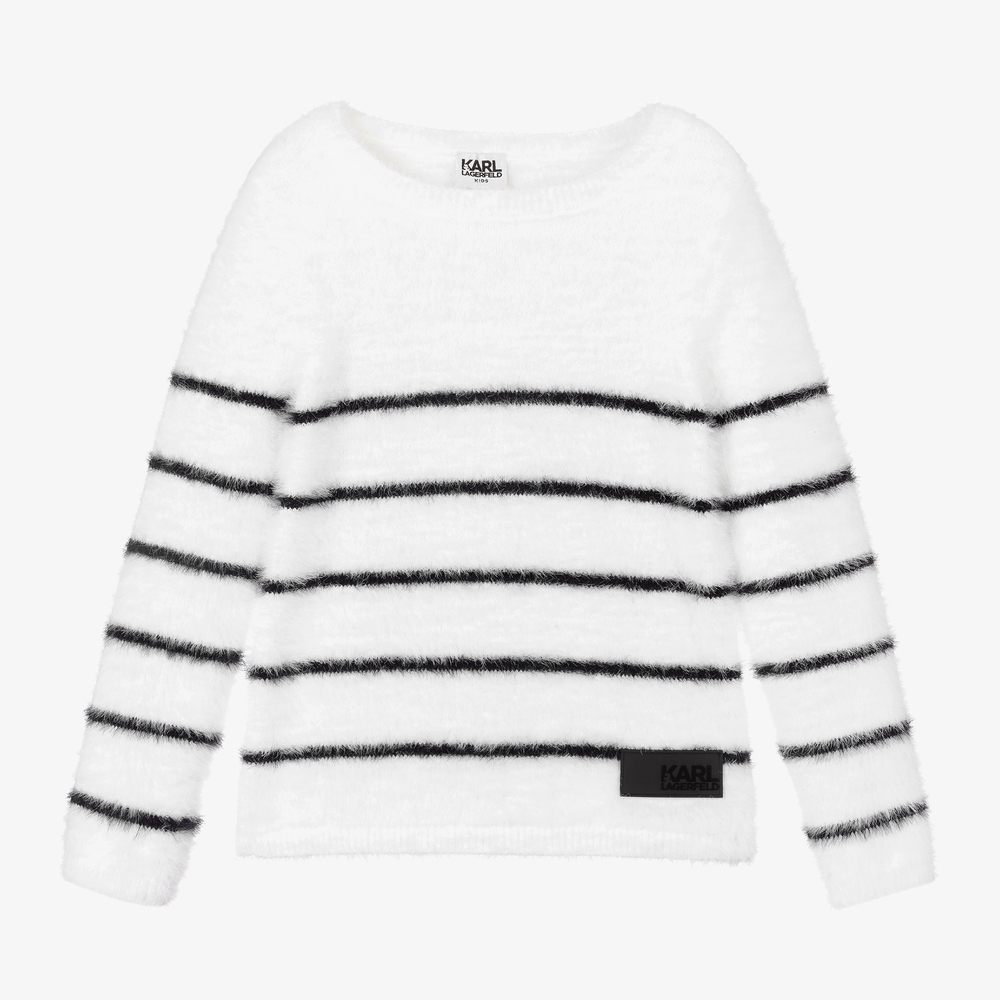 KARL LAGERFELD KIDS - White Striped Fluffy Sweater | Childrensalon
