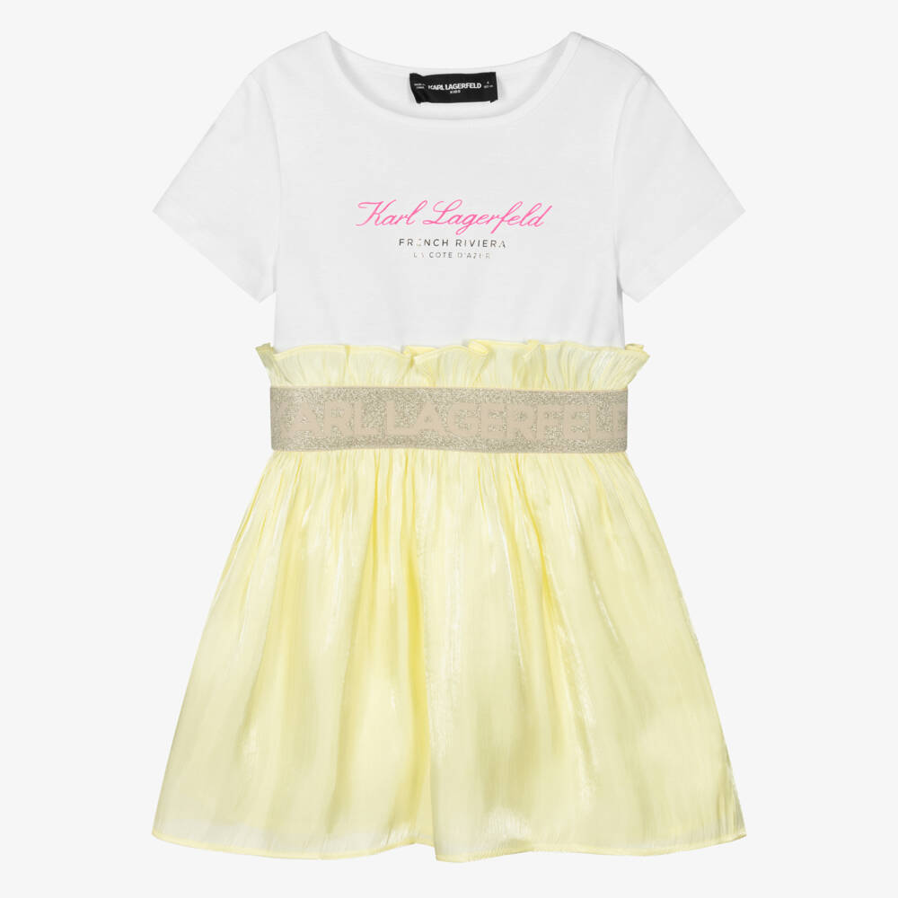 KARL LAGERFELD KIDS-White & Yellow Bi-material Ss Dress | Childrensalon Outlet