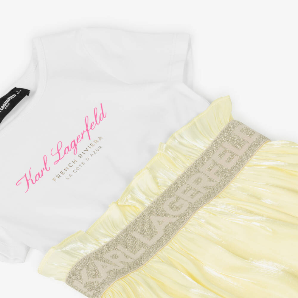 KARL LAGERFELD KIDS-White & Yellow Bi-material Ss Dress | Childrensalon Outlet