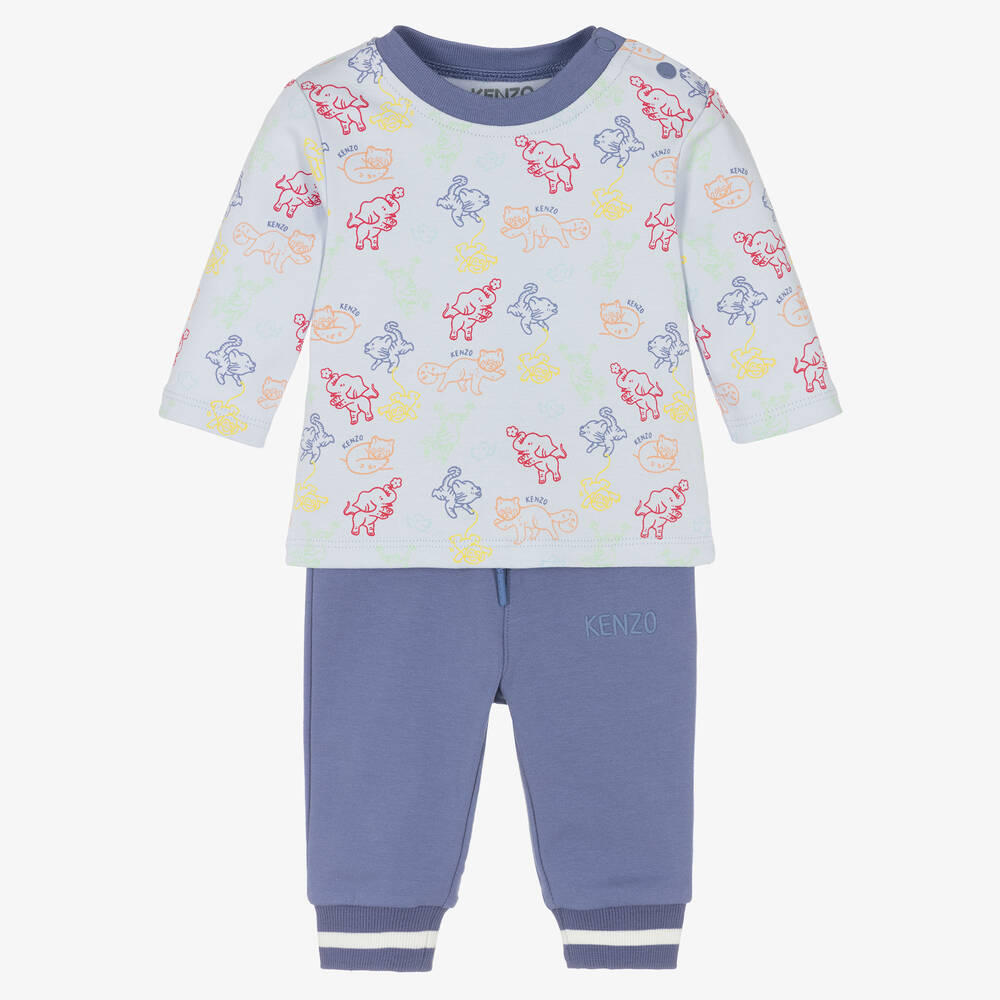 KENZO KIDS - Blaues Baumwollhosen-Set mit Tieren | Childrensalon