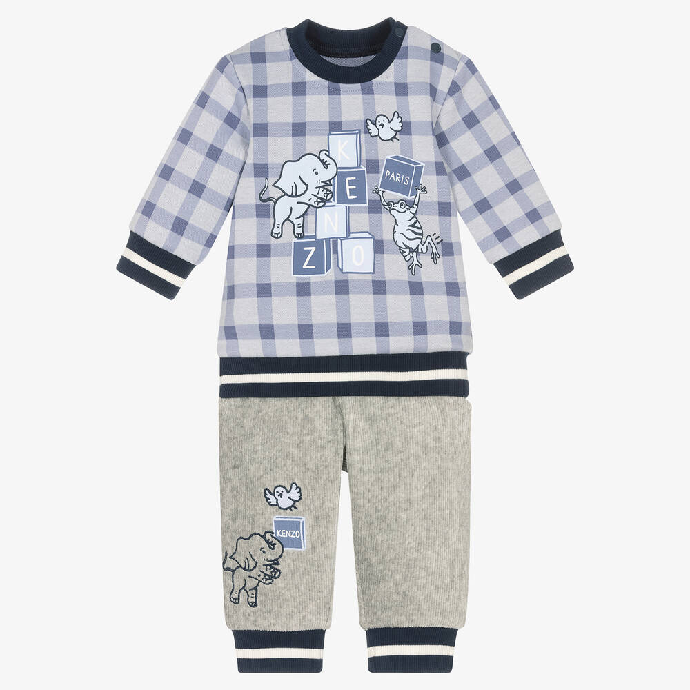 KENZO KIDS - Baby Boys Blue & Grey Vichy Trouser Set | Childrensalon
