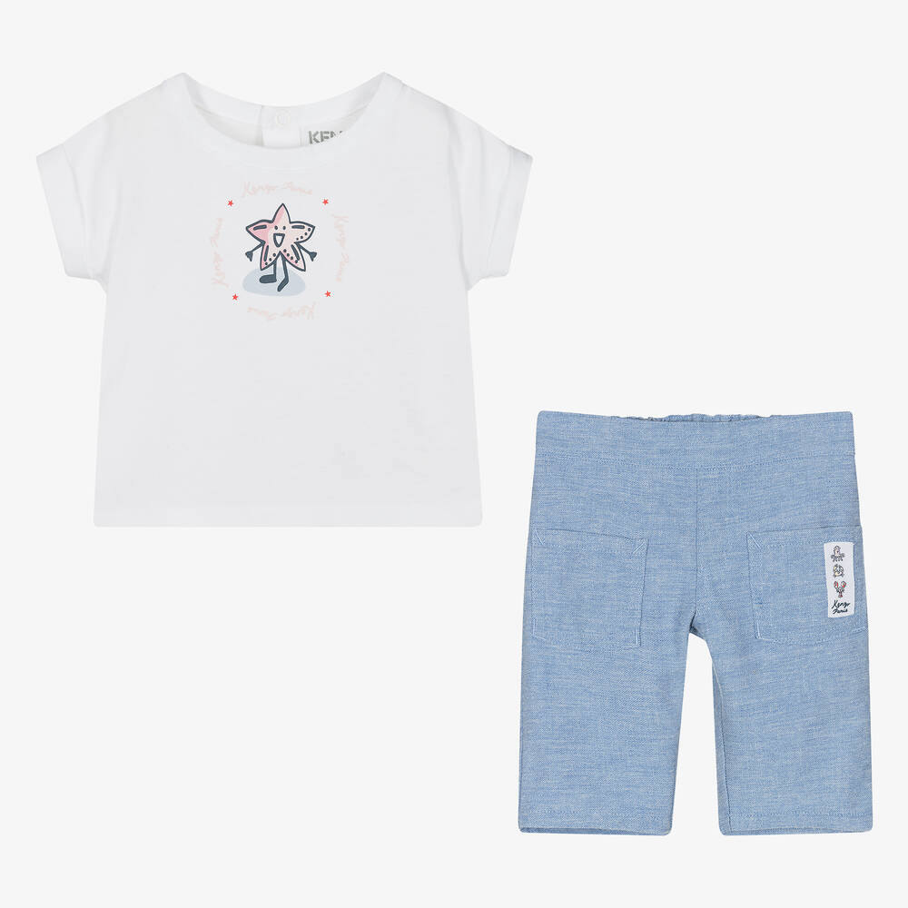 كينزو كيدز-طقم بنطلون قطن عضوي لون أبيض وأزرق للمولودات | Childrensalon Outlet