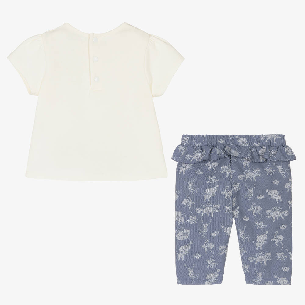 KENZO KIDS-طقم بنطلون قطن جيرسي لون عاجي وأزرق للمولودات | Childrensalon Outlet