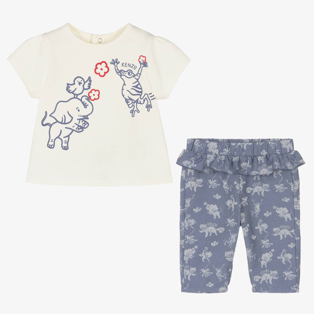 KENZO KIDS-طقم بنطلون قطن جيرسي لون عاجي وأزرق للمولودات | Childrensalon Outlet