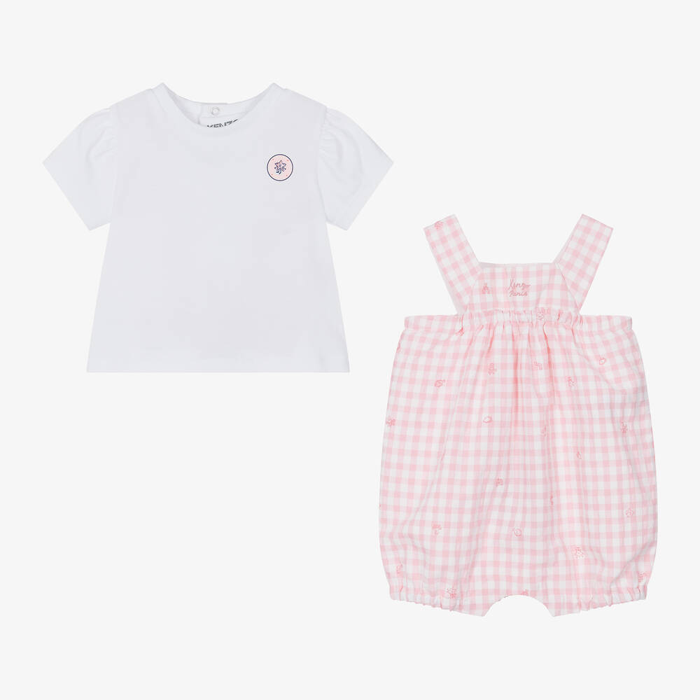 KENZO KIDS-Baby Girls Pink Cotton Dungaree Shorts Set | Childrensalon Outlet