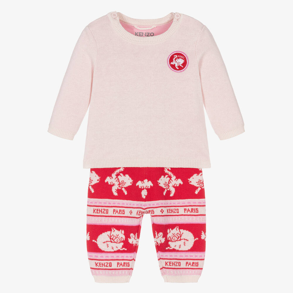 KENZO KIDS - Baby Girls Pink & Red Knitted Trouser Set | Childrensalon