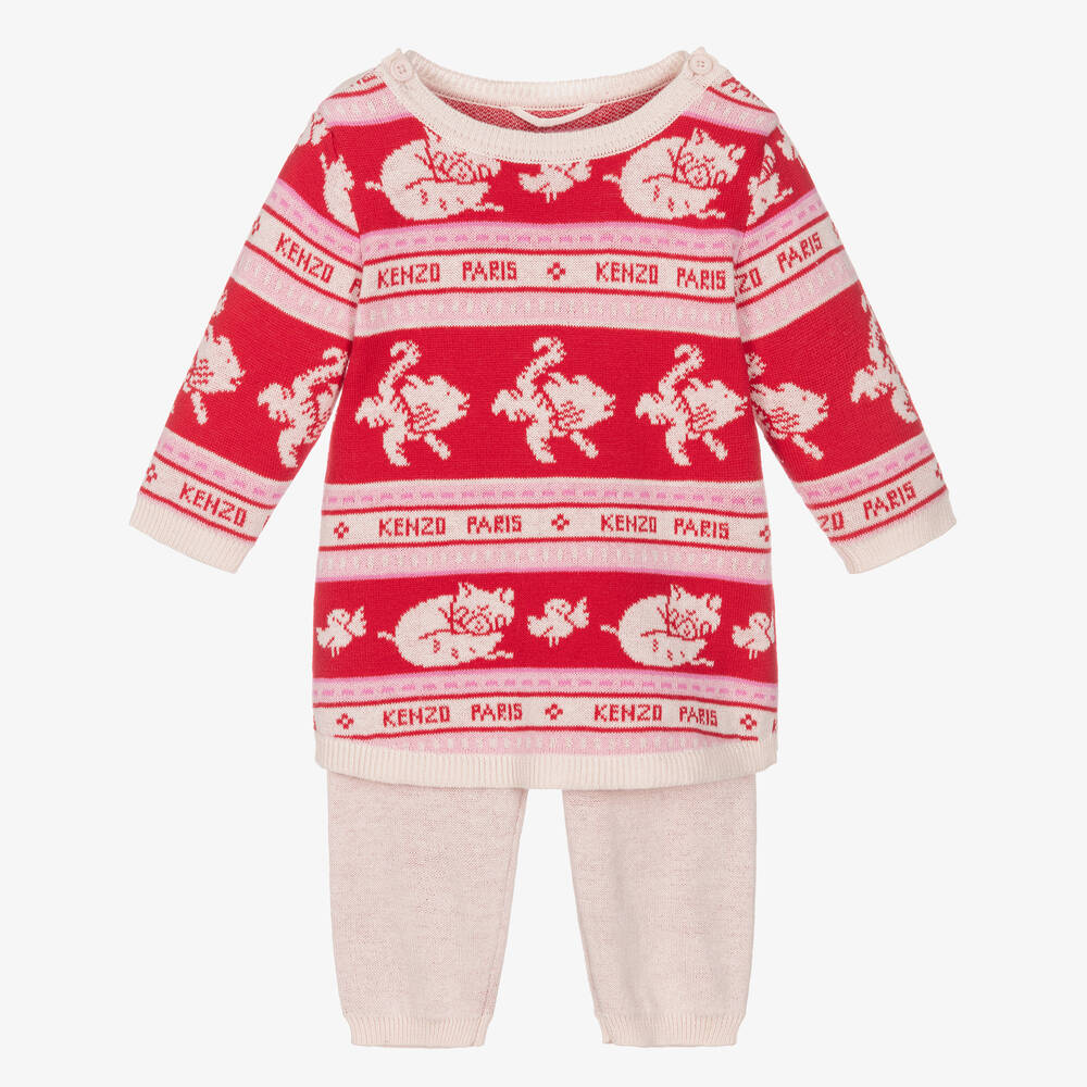 KENZO KIDS-طقم فستان أطفال بناتي قطن عضوي محبوك لون أحمر | Childrensalon Outlet