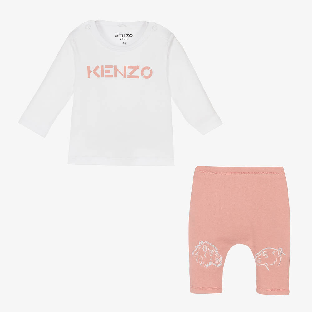 كينزو كيدز-طقم بنطلون قطن عضوي لون أبيض وزهري | Childrensalon Outlet