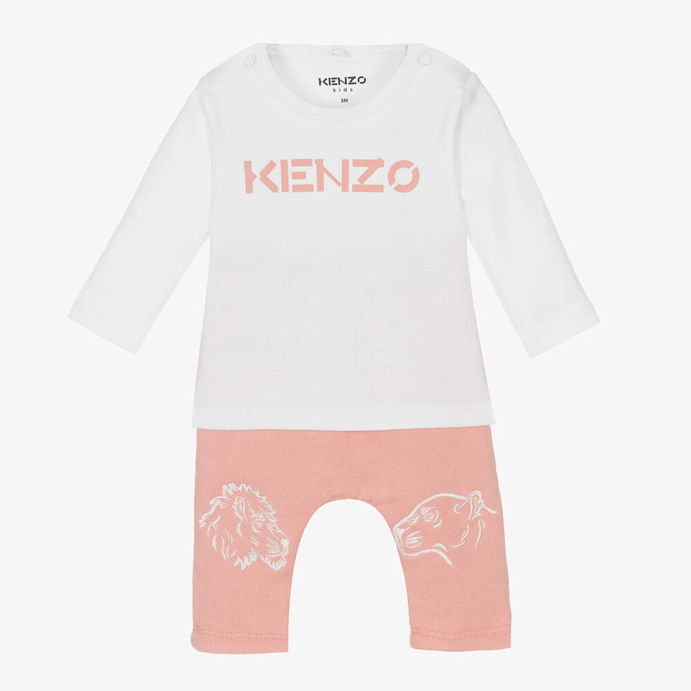 KENZO KIDS - طقم بنطلون قطن عضوي لون أبيض وزهري | Childrensalon