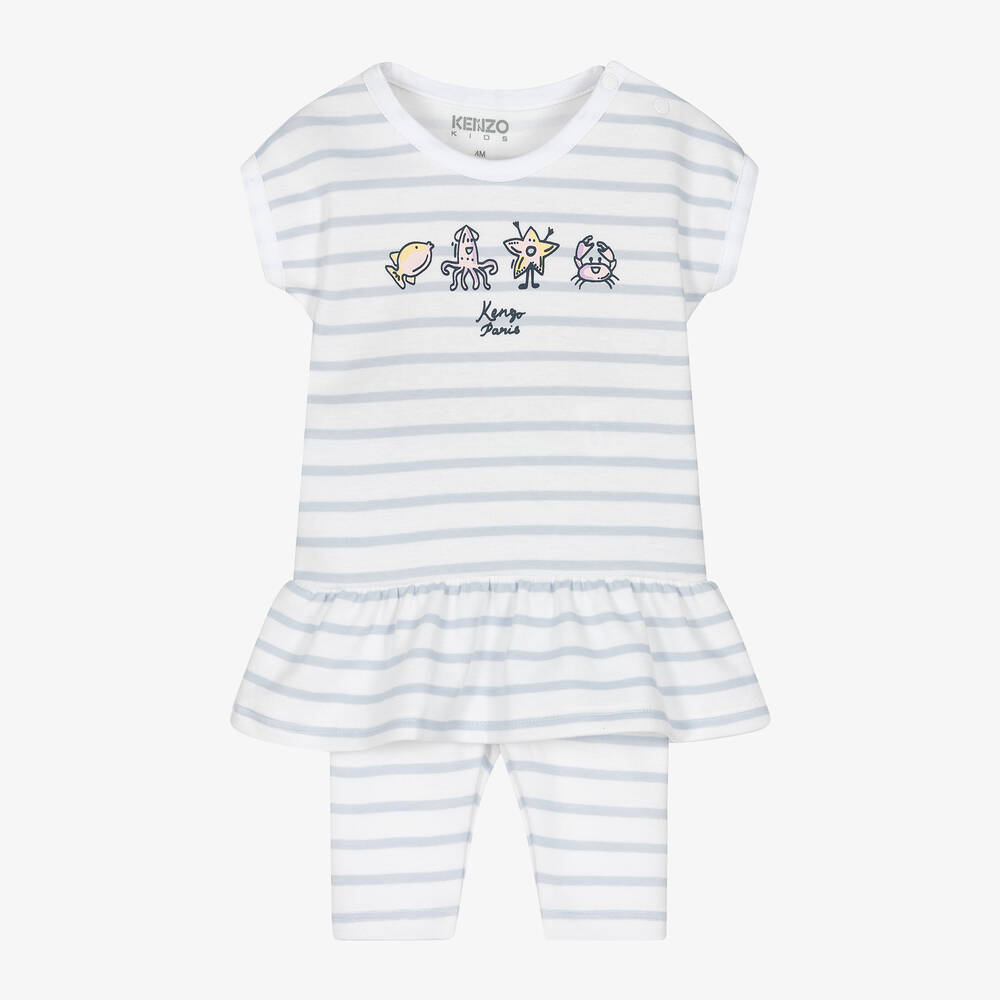 KENZO KIDS-Baby Girls White Striped Cotton Dress Set | Childrensalon Outlet