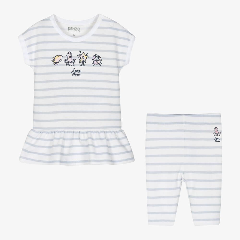 KENZO KIDS-طقم فستان قطن مقلم لون أبيض وأزرق للمولودات | Childrensalon Outlet