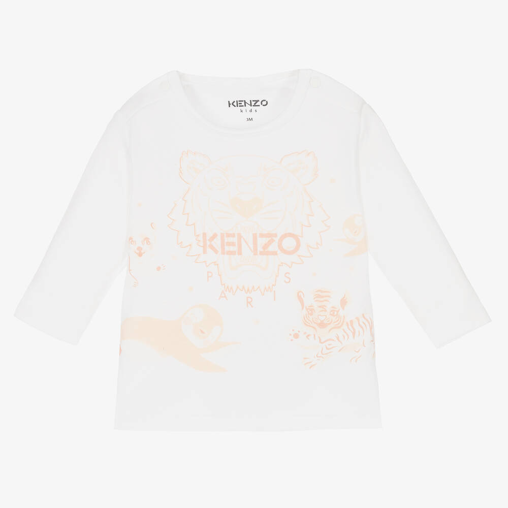 KENZO KIDS - تيشيرت قطن جيرسي لون أبيض للمولودات | Childrensalon