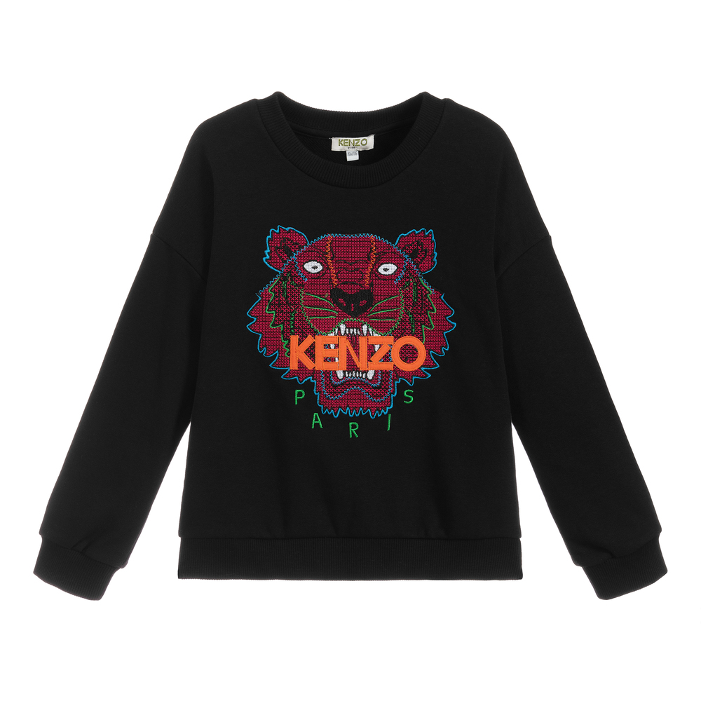 KENZO KIDS - سويتشيرت النمر قطن جيرسي لون أسود للبنات | Childrensalon