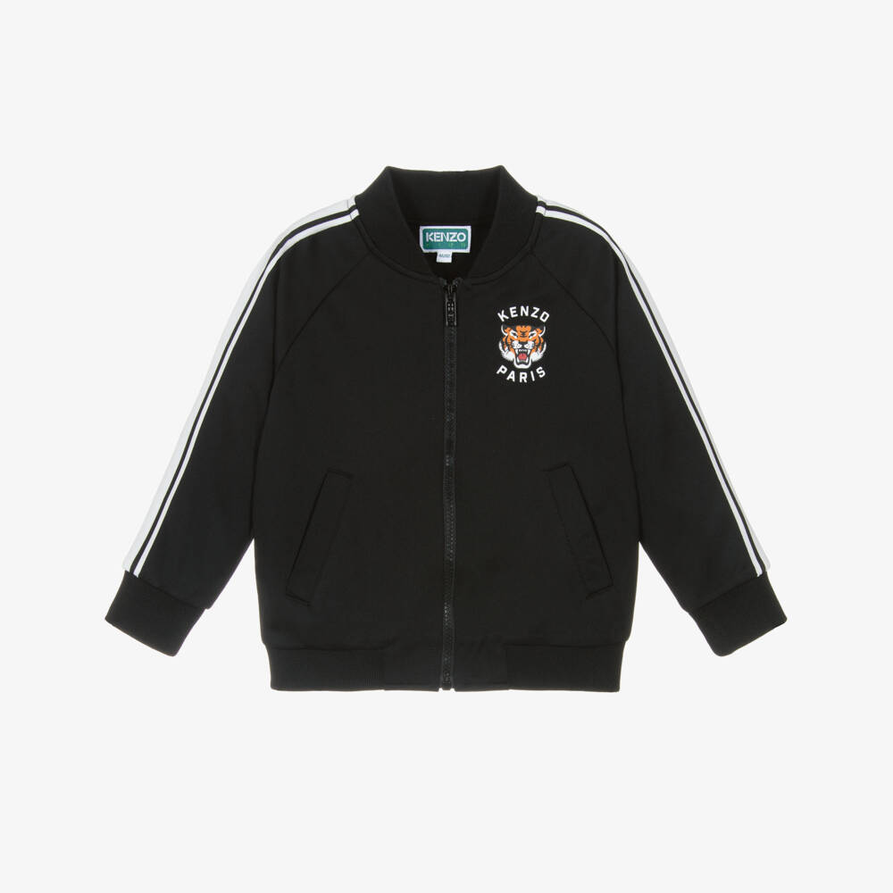 KENZO KIDS-Black Jersey Zip-Up Top with Lucky Tiger Logo | Childrensalon Outlet