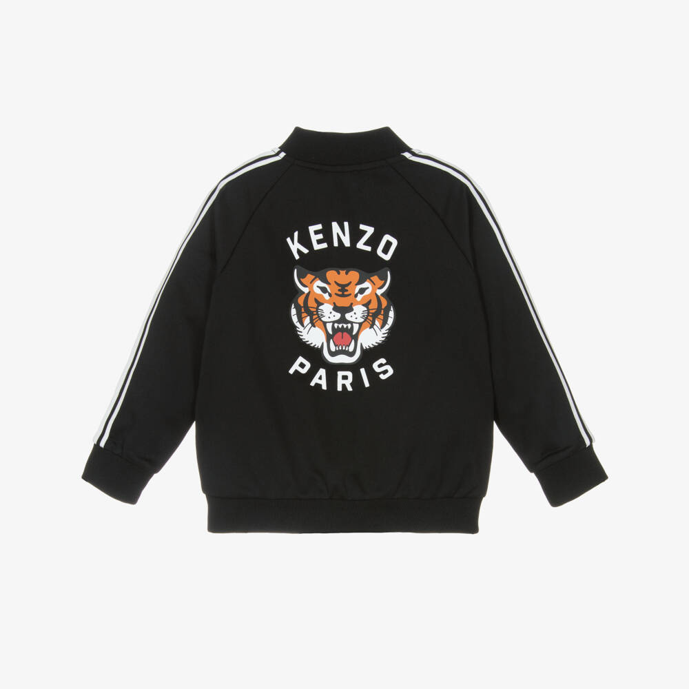 KENZO KIDS-Black Jersey Zip-Up Top with Lucky Tiger Logo | Childrensalon Outlet