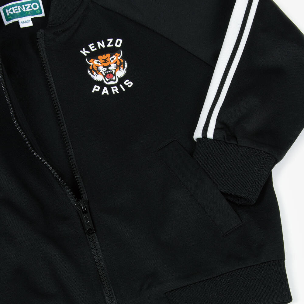 KENZO KIDS-Black Jersey Zip-Up Top with Lucky Tiger Logo | Childrensalon Outlet