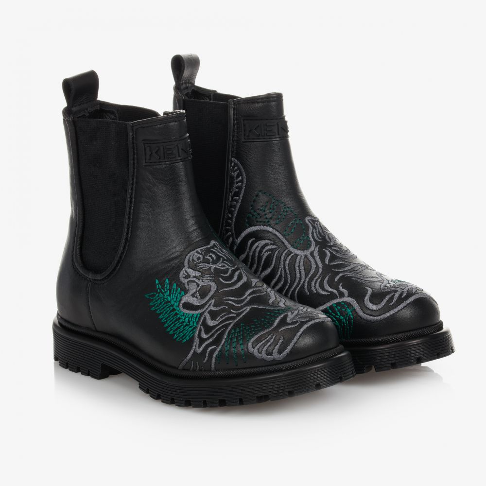 KENZO KIDS - Black Tiger Leather Boots | Childrensalon