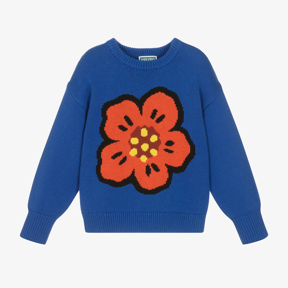KENZO KIDS - Синий вязаный свитер из хлопка с цветком | Childrensalon