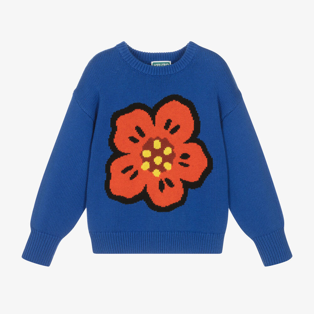 Blue Cotton Knit Boke Flower Sweater