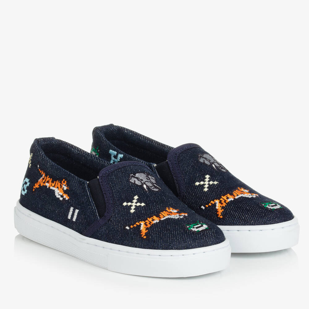 KENZO KIDS - Blue Embroidered Denim Slip-On Trainers | Childrensalon