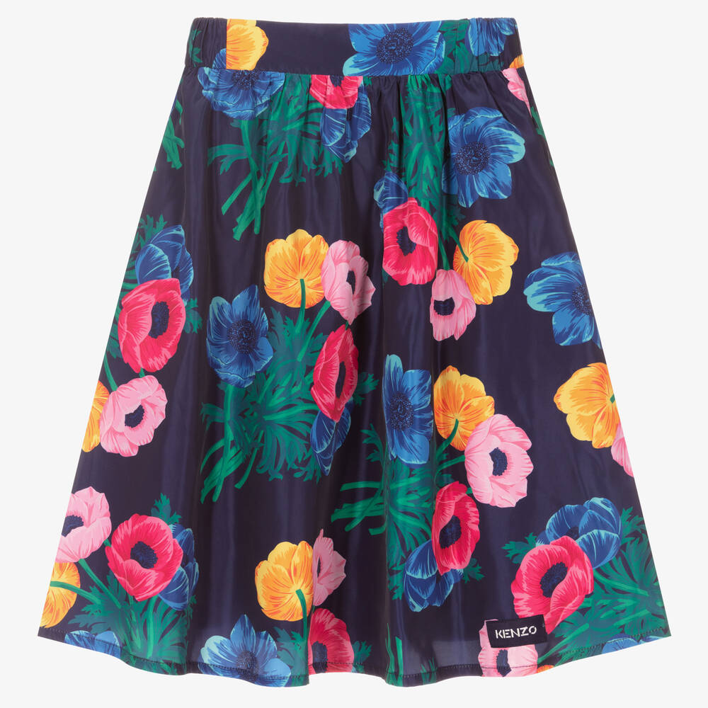 Jupe en taffetas bleu fleurs