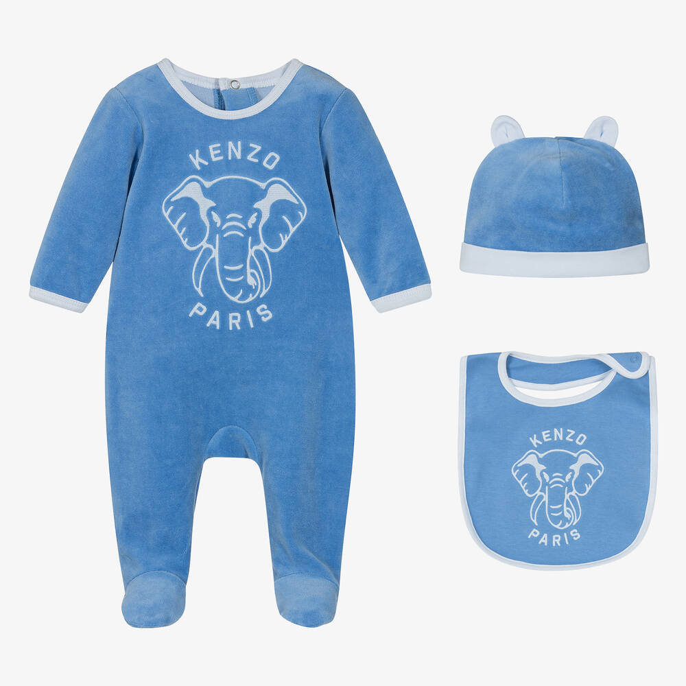 KENZO KIDS Blue Velour Elephant Babysuit Set Childrensalon Outlet