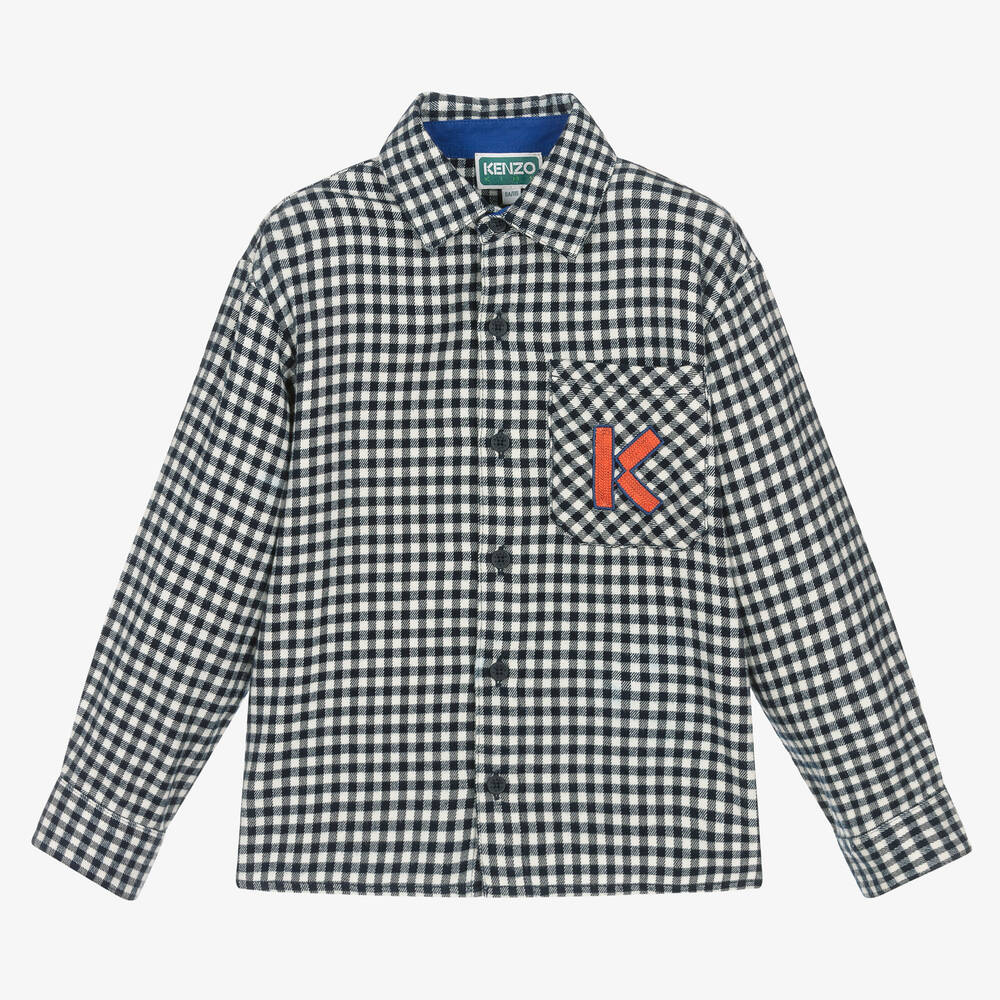 KENZO KIDS - قميص قطن فلانيل كاروهات لون كحلي وأبيض | Childrensalon