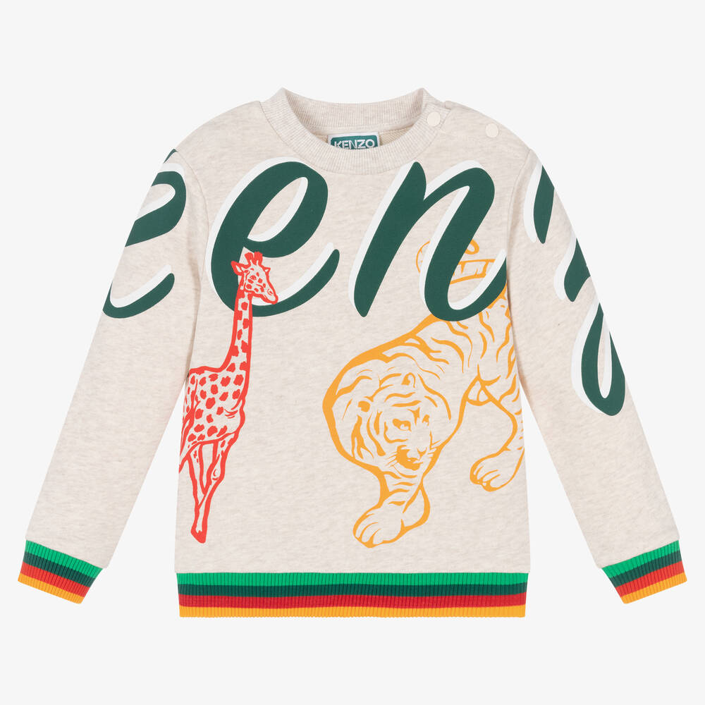 KENZO KIDS - Boys Beige Marl Cotton Logo Sweatshirt | Childrensalon